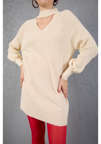 Kadın Ekru Simli Selanik Örgü Reglan Balon Kollu Choker Yaka Triko Kazak