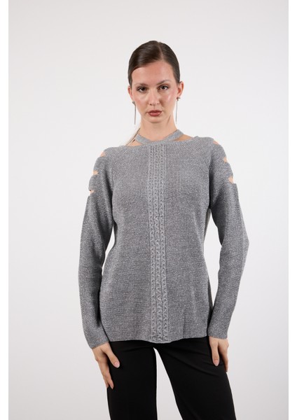 Kadın Gri Omuzları Kesik Detaylı Reglan Kollu Simli Triko Kazak fiyatları
