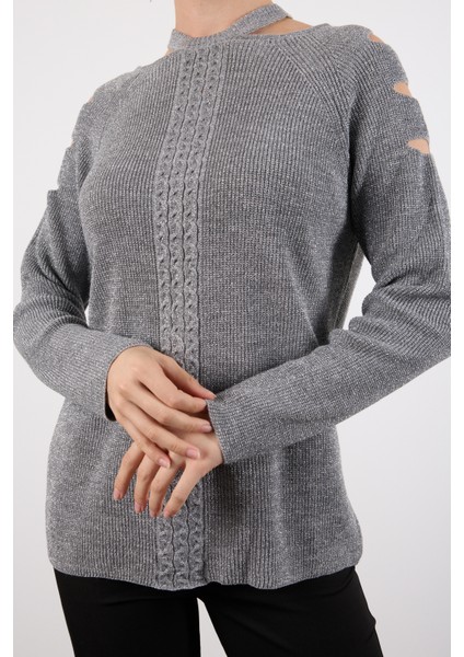 Kadın Gri Omuzları Kesik Detaylı Reglan Kollu Simli Triko Kazak indirimleri