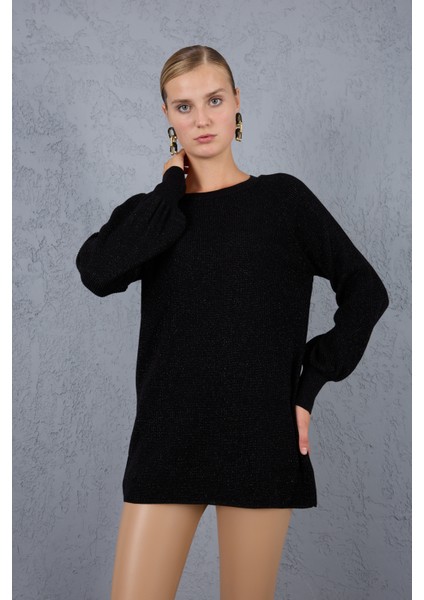 Kadın Siyah Reglan Balon Kollu Bisiklet Yaka Simli Triko Kazak