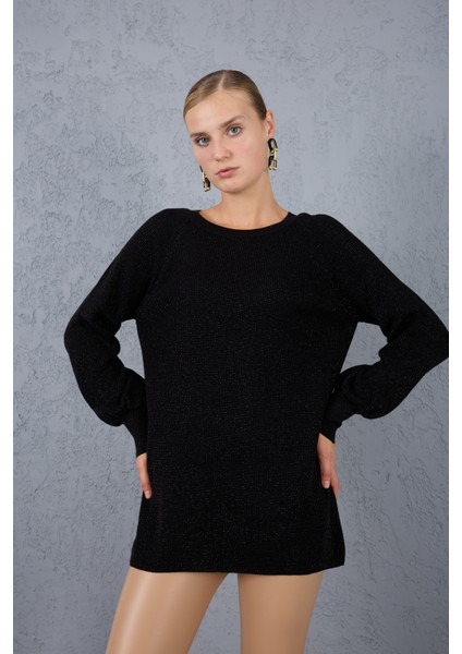 Kadın Siyah Reglan Balon Kollu Bisiklet Yaka Simli Triko Kazak fiyatları