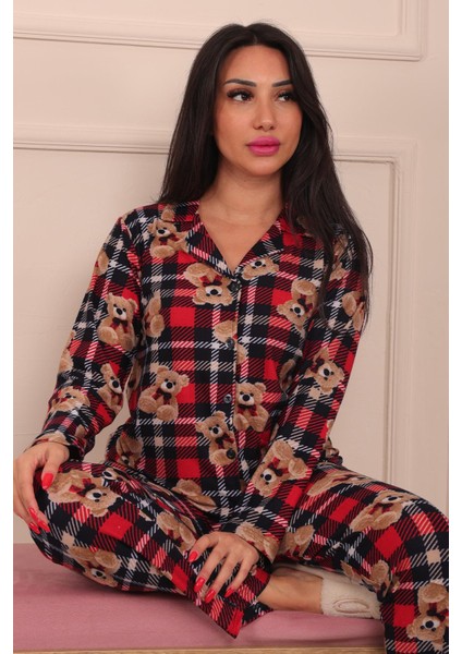 Kadın Ayıcık ve Ekose Desenli Desenli Önü Düğmeli Süet Pijama Takımı fırsatları