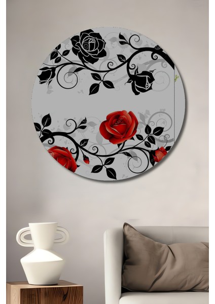 Kırmızı ve Siyah Gül Desenli Yağlı Boya Görünümlü Dekoratif Ahşap Tablo Yuvarlak Tablo