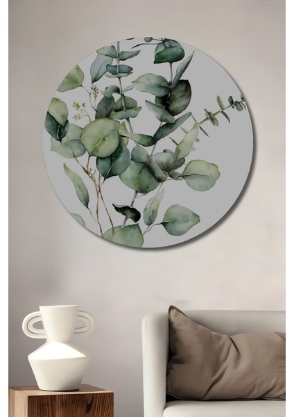 Sulu Boya Görünümlü Okaliptus Yaprakları Ahşap Dekoratif Tablo Yuvarlak Tablo