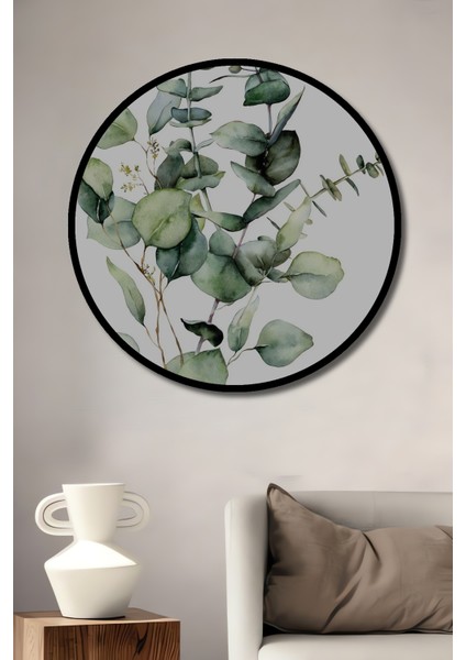 Sulu Boya Görünümlü Okaliptus Yaprakları Ahşap Dekoratif Tablo Yuvarlak Tablo fiyatları