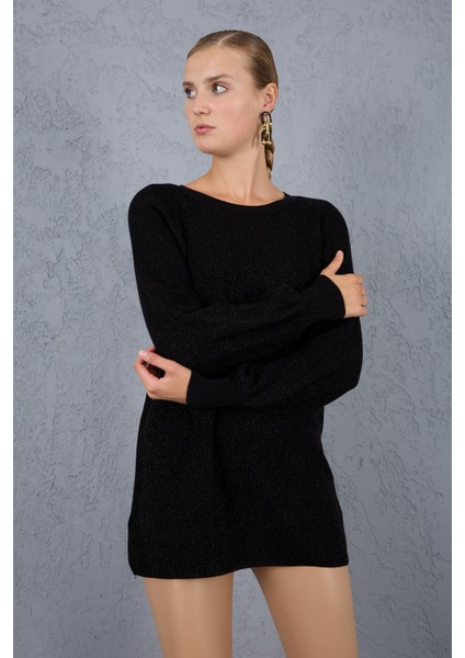 Kadın Siyah Reglan Balon Kollu Bisiklet Yaka Simli Triko Kazak modelleri