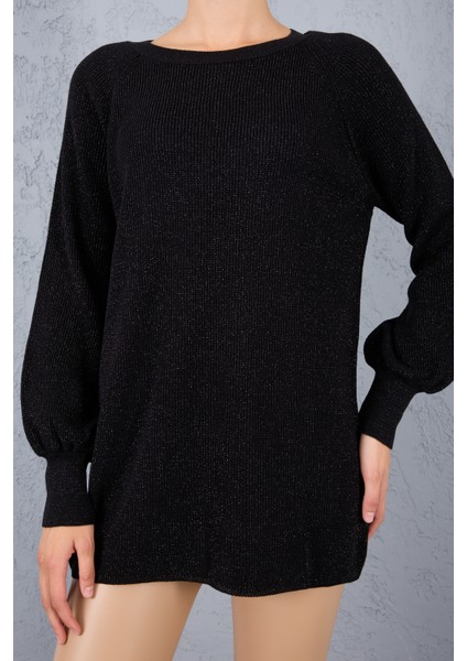 Kadın Siyah Reglan Balon Kollu Bisiklet Yaka Simli Triko Kazak fırsatları