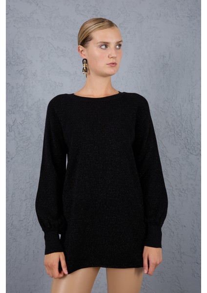 Kadın Siyah Reglan Balon Kollu Bisiklet Yaka Simli Triko Kazak indirimleri