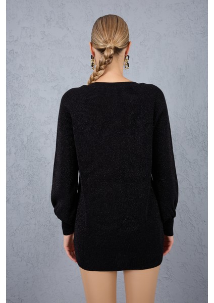 Kadın Siyah Reglan Balon Kollu Bisiklet Yaka Simli Triko Kazak