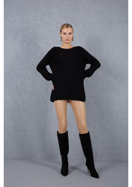 Kadın Siyah Reglan Balon Kollu Bisiklet Yaka Simli Triko Kazak