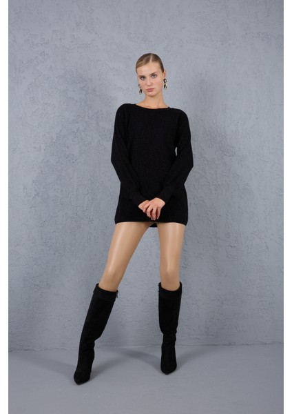 Kadın Siyah Reglan Balon Kollu Bisiklet Yaka Simli Triko Kazak