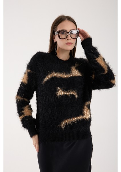 Kadın Siyah Sakal Iplik Inci Detaylı Bisiklet Yaka Triko Kazak