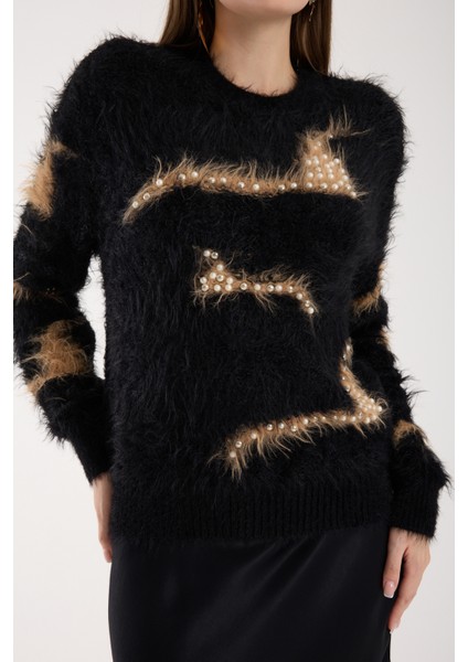 Kadın Siyah Sakal Iplik Inci Detaylı Bisiklet Yaka Triko Kazak modelleri