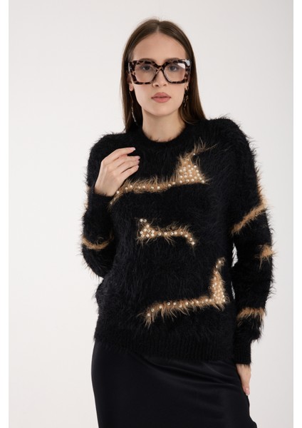 Kadın Siyah Sakal Iplik Inci Detaylı Bisiklet Yaka Triko Kazak fırsatları