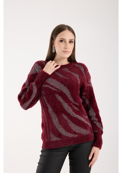 Kadın Bordo Simli Sakal Iplik Balon Kollu Bisiklet Yaka Triko Kazak