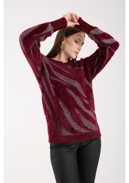Kadın Bordo Simli Sakal Iplik Balon Kollu Bisiklet Yaka Triko Kazak fiyatları