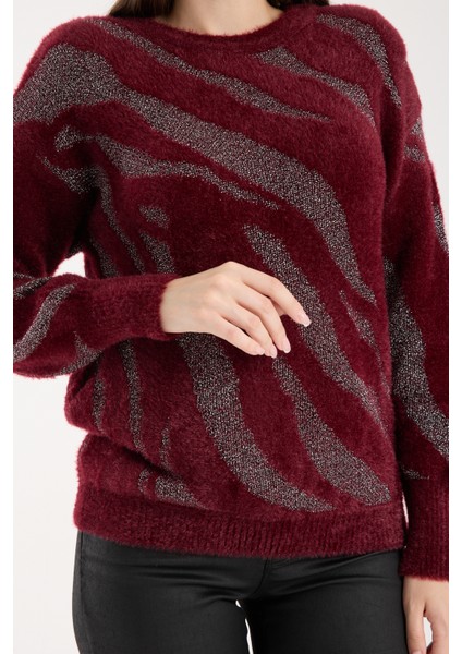 Kadın Bordo Simli Sakal Iplik Balon Kollu Bisiklet Yaka Triko Kazak modelleri