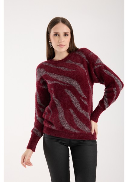 Kadın Bordo Simli Sakal Iplik Balon Kollu Bisiklet Yaka Triko Kazak fırsatları