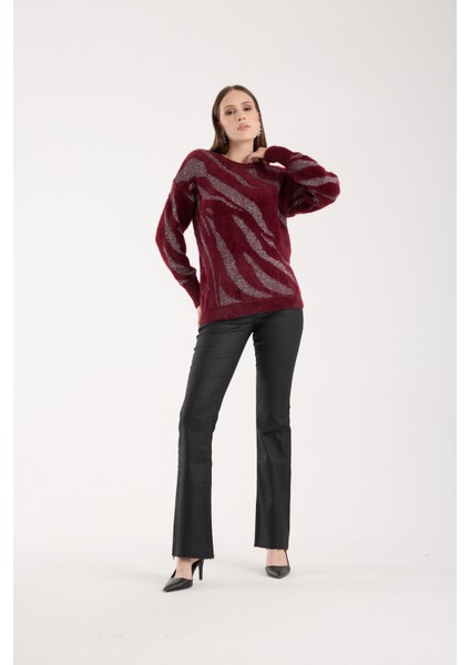 Kadın Bordo Simli Sakal Iplik Balon Kollu Bisiklet Yaka Triko Kazak
