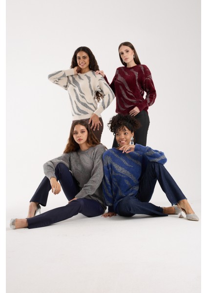 Kadın Bordo Simli Sakal Iplik Balon Kollu Bisiklet Yaka Triko Kazak