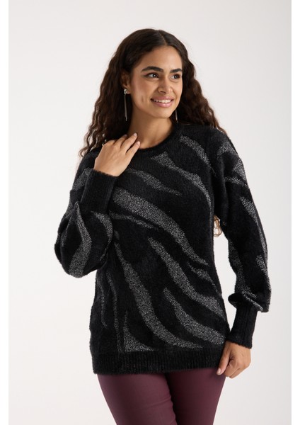 Kadın Siyah Simli Sakal Iplik Balon Kollu Bisiklet Yaka Triko Kazak