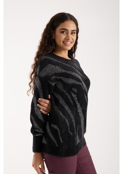 Kadın Siyah Simli Sakal Iplik Balon Kollu Bisiklet Yaka Triko Kazak fiyatları