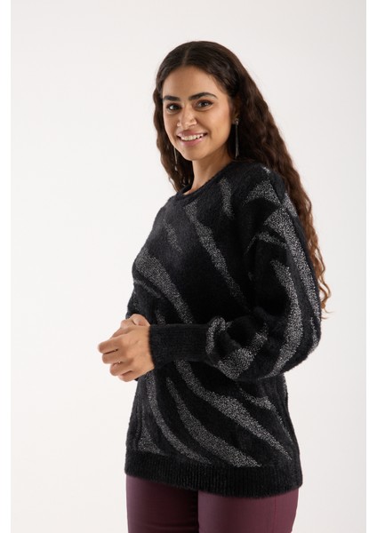 Kadın Siyah Simli Sakal Iplik Balon Kollu Bisiklet Yaka Triko Kazak modelleri