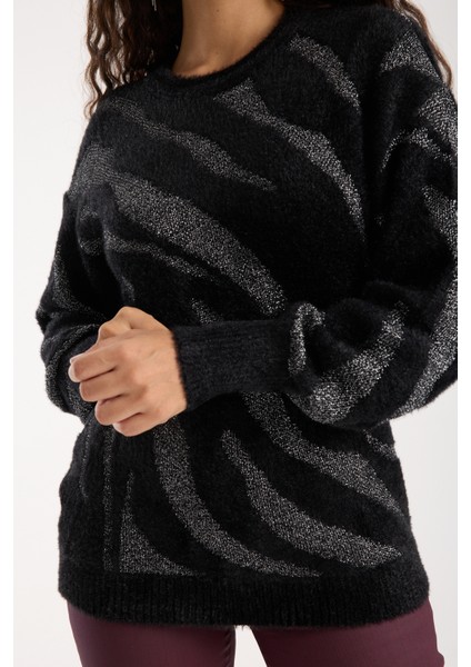 Kadın Siyah Simli Sakal Iplik Balon Kollu Bisiklet Yaka Triko Kazak fırsatları