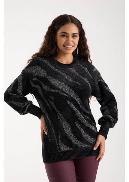 Kadın Siyah Simli Sakal Iplik Balon Kollu Bisiklet Yaka Triko Kazak indirimleri