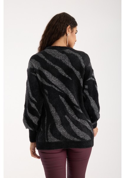 Kadın Siyah Simli Sakal Iplik Balon Kollu Bisiklet Yaka Triko Kazak