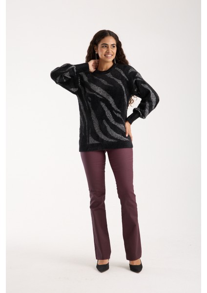 Kadın Siyah Simli Sakal Iplik Balon Kollu Bisiklet Yaka Triko Kazak