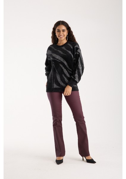 Kadın Siyah Simli Sakal Iplik Balon Kollu Bisiklet Yaka Triko Kazak