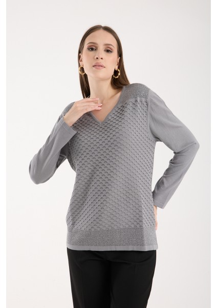 Kadın Gri Viskon Kumaş V Yaka Simli Triko Bluz modelleri