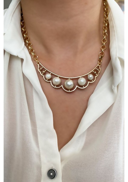 Inci Detay Halka Zincir Gold Kolye