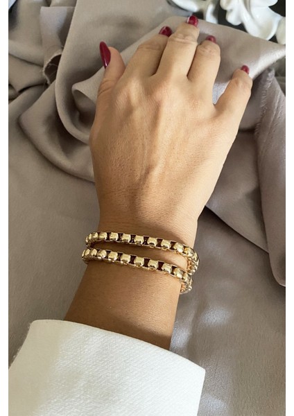 Geometrik Tasarım Çift Sıralı Gold Bileklik