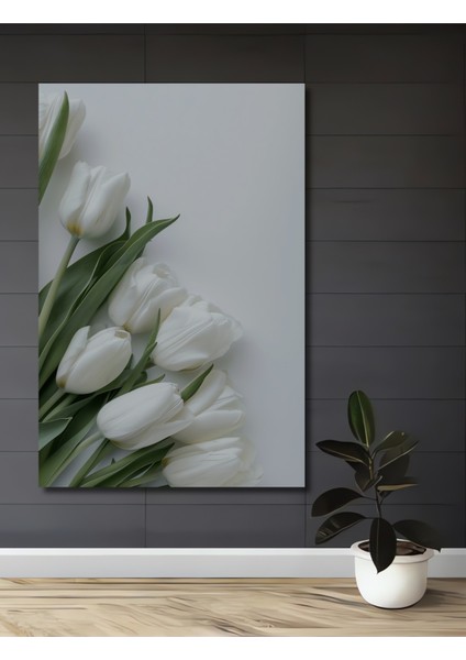 Beyaz Lale Yağlı Boya Görünümlü Dekoratif Ahşap Tablo Dikdörtgen Tablo