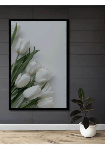 Beyaz Lale Yağlı Boya Görünümlü Dekoratif Ahşap Tablo Dikdörtgen Tablo fiyatları