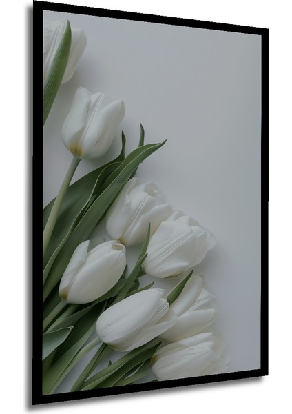 Beyaz Lale Yağlı Boya Görünümlü Dekoratif Ahşap Tablo Dikdörtgen Tablo
