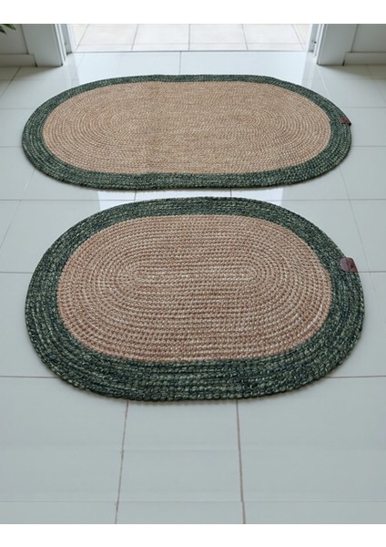 Mavi Kenarlı Hasır Görünümlü 2'li Oval Banyo Paspas Seti - El Yapımı