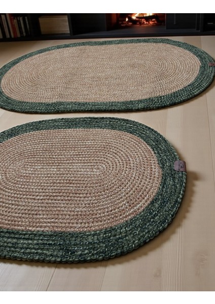 Mavi Kenarlı Hasır Görünümlü 2'li Oval Banyo Paspas Seti - El Yapımı fiyatları