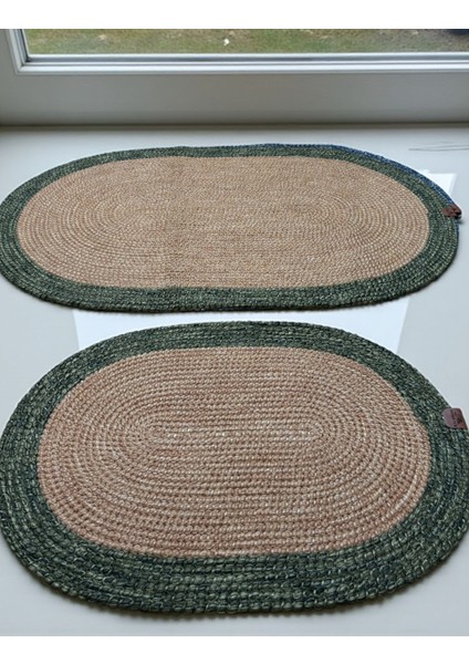 Mavi Kenarlı Hasır Görünümlü 2'li Oval Banyo Paspas Seti - El Yapımı modelleri