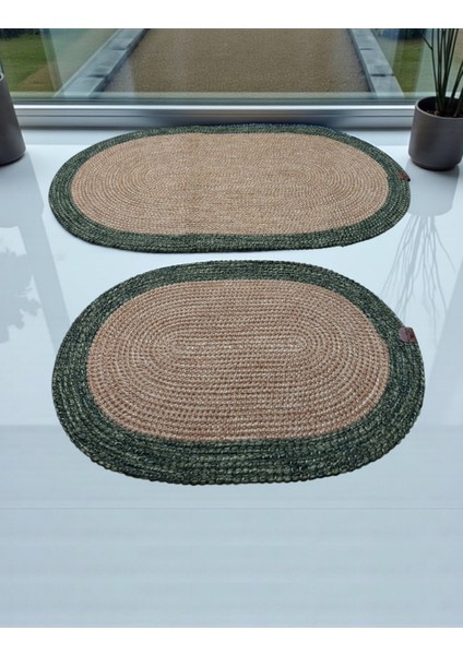 Mavi Kenarlı Hasır Görünümlü 2'li Oval Banyo Paspas Seti - El Yapımı fırsatları