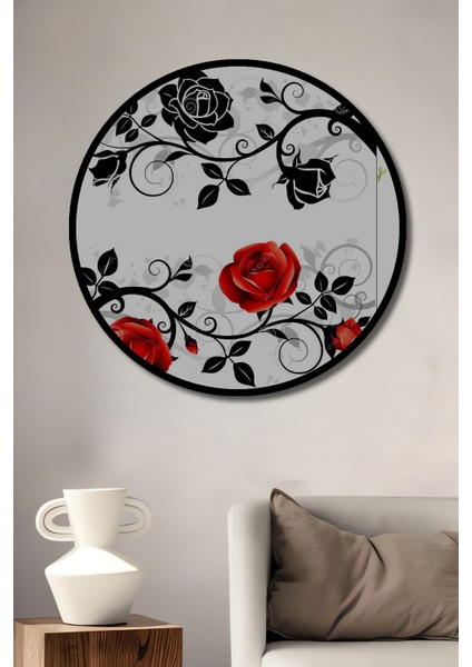 Kırmızı ve Siyah Gül Desenli Yağlı Boya Görünümlü Dekoratif Ahşap Tablo Yuvarlak Tablo fiyatları
