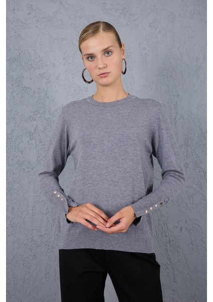 Kadın Gri Çıtçıtlı Kollu Bisiklet Yaka Triko Bluz fiyatları