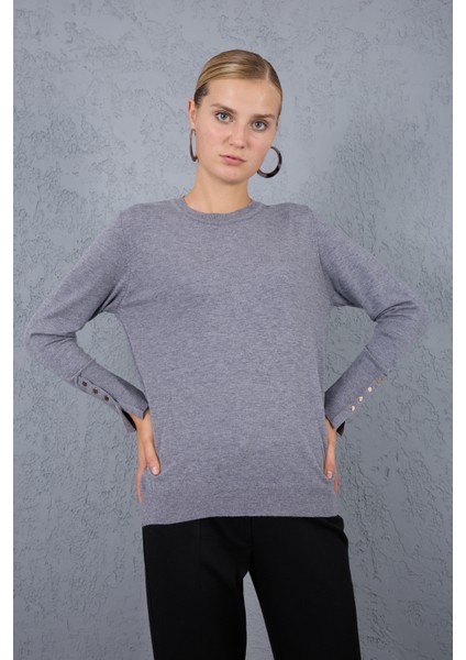 Kadın Gri Çıtçıtlı Kollu Bisiklet Yaka Triko Bluz modelleri