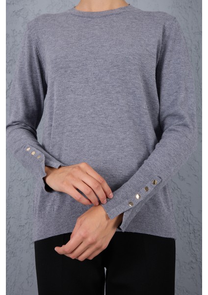 Kadın Gri Çıtçıtlı Kollu Bisiklet Yaka Triko Bluz indirimleri