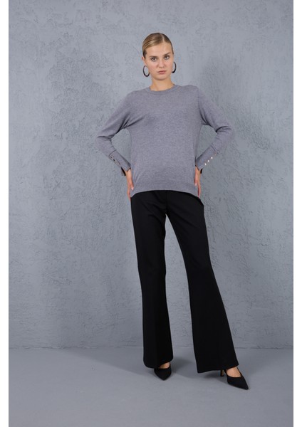 Kadın Gri Çıtçıtlı Kollu Bisiklet Yaka Triko Bluz