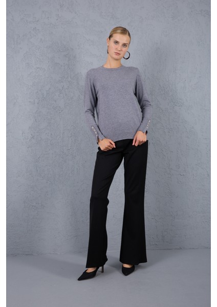 Kadın Gri Çıtçıtlı Kollu Bisiklet Yaka Triko Bluz