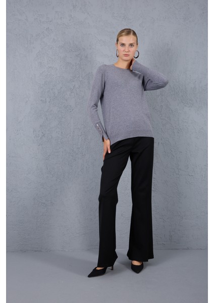 Kadın Gri Çıtçıtlı Kollu Bisiklet Yaka Triko Bluz