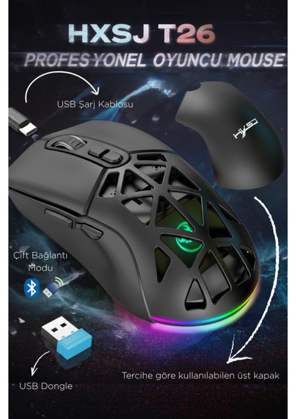 T26 Çift Modlu Oyun Faresi 2.4g + Bt5.1 Kablosuz Oyun Mouse 4800 Dpı Ayarlanabilir Ergonomik Optik Gamer Mouse